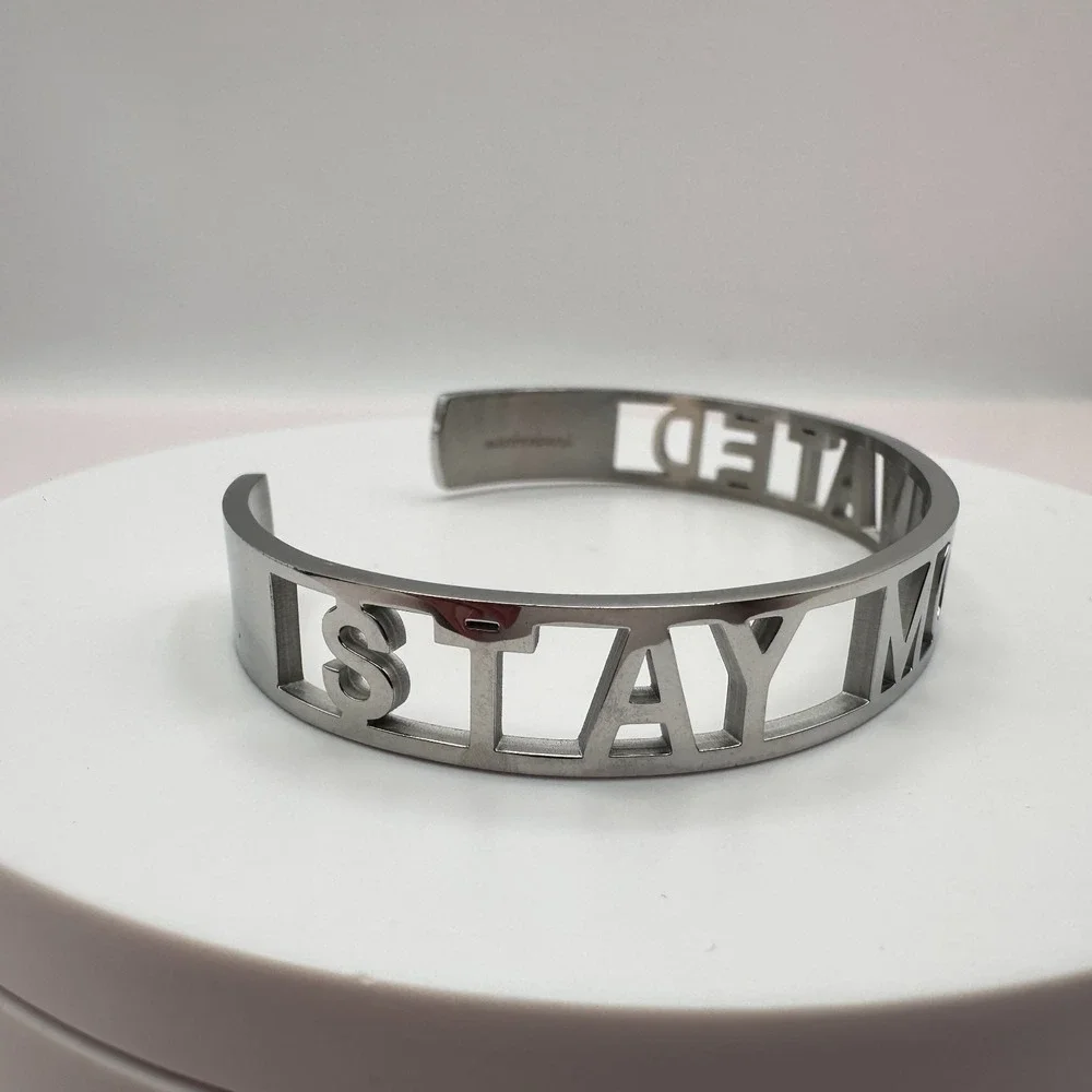 Vintage 90s Mantraband Stay Motivated Silver-Tone Cuff Bracelet Jewelry